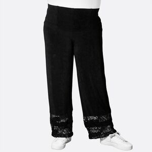 Chico's Black Slinky Knit Crochet Lace Hem Wide Leg Pants Travel 0X Large Boho